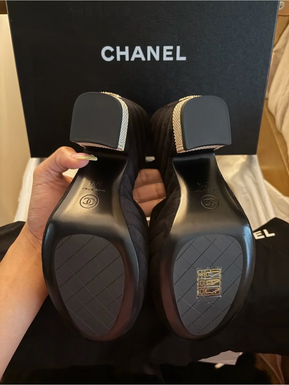 CHANEL Black Suede Platform Sandals with Bow and Pearl Heel Accent